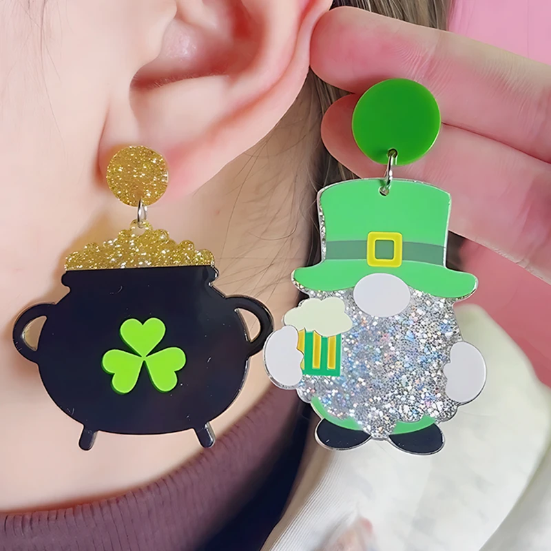 New St. Patrick'S Day Green Dwarf Boots With Clover Pattern Dangle Earrings Creative And Interesting Jewelry Accessories