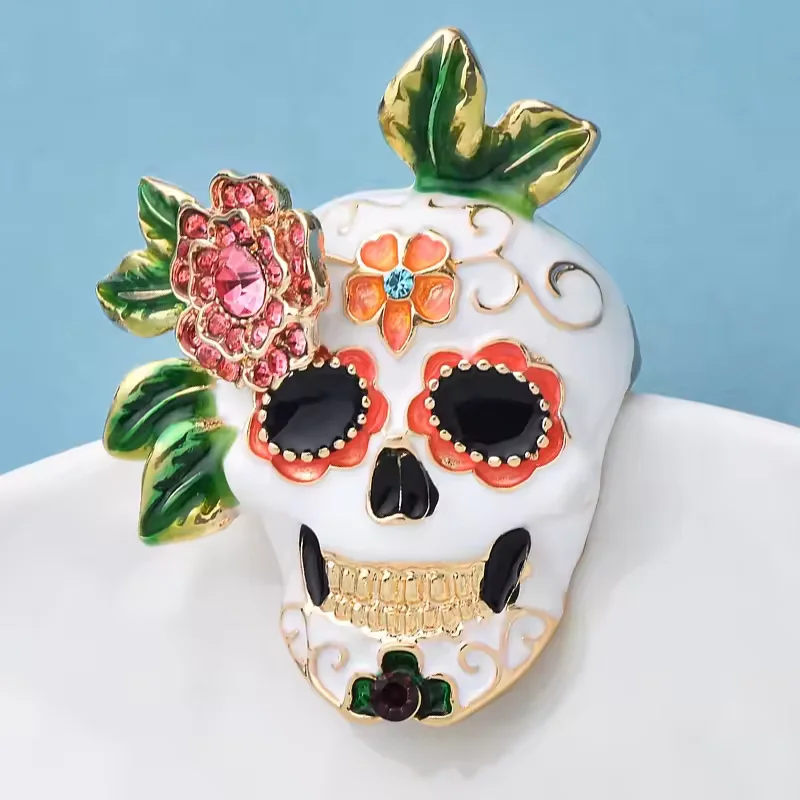 Creative Blue Zircon Eye Skull Head Glaze Brooches For Men Women Trendy Flower Pin Jewelry Halloween Gift Party Office Accessory