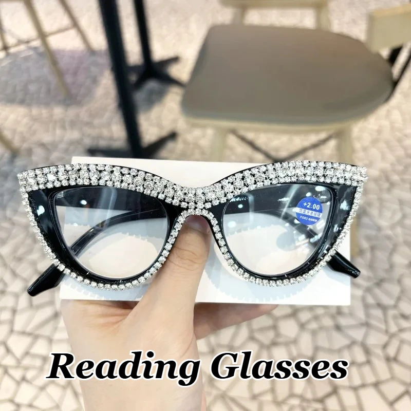 

Роскошные очки для чтения с бриллиантами «кошачий глаз», оправа для очков с защитой от синего света, очки для пресбиопии, модные очки, брендовые дизайнерские очки