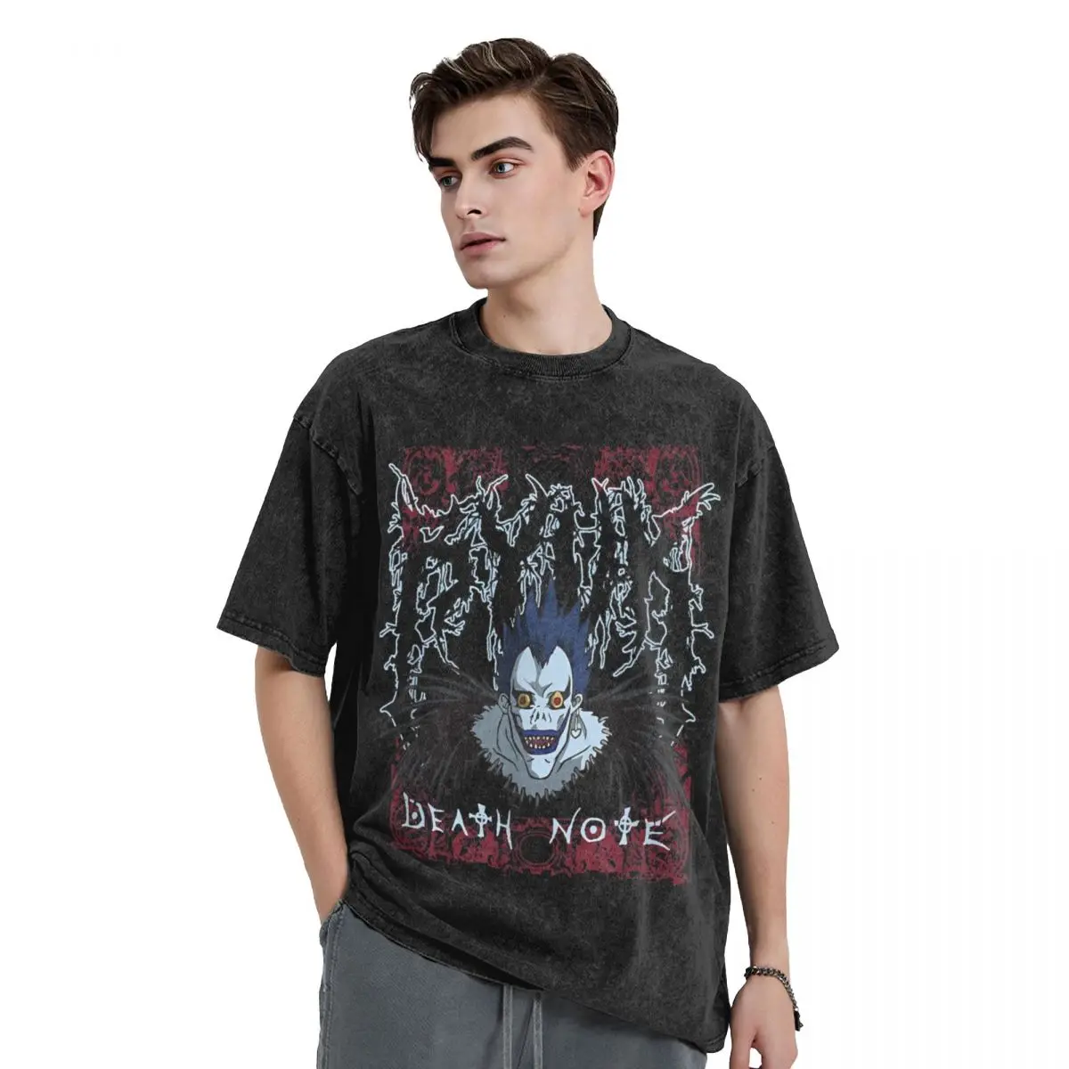 Washed T Shirts Deaths-Notes Heavy Metal Ryuk Fashion T-Shirt Harajuku Anime Short Sleeve Printed Tops Tees for Men Women