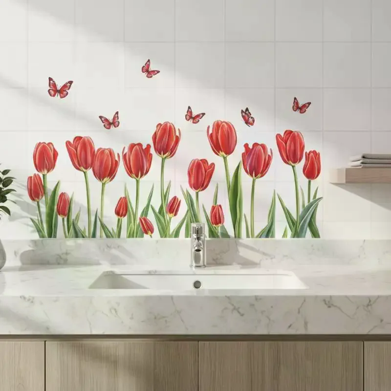 Fresh Floral Pattern Sink Area Background Wall Sticker Bathroom Wall Decoration Self-Adhesive Removable Waterproof Sticker