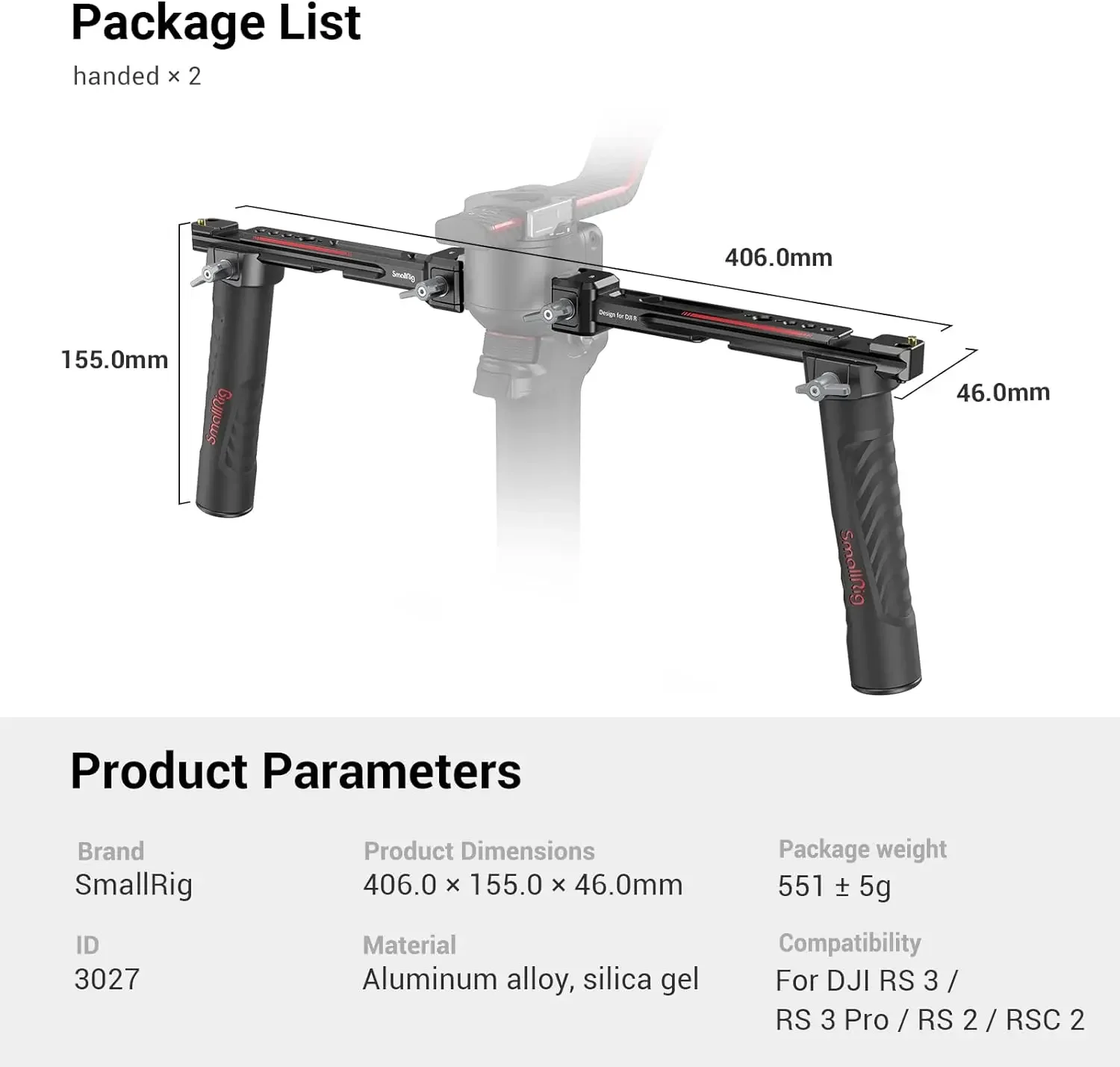 New SMALLRIG Dual Handle Handgrip for for RS2 / RSC2 / RS3 / RS3 Pro Gimbal - 3027