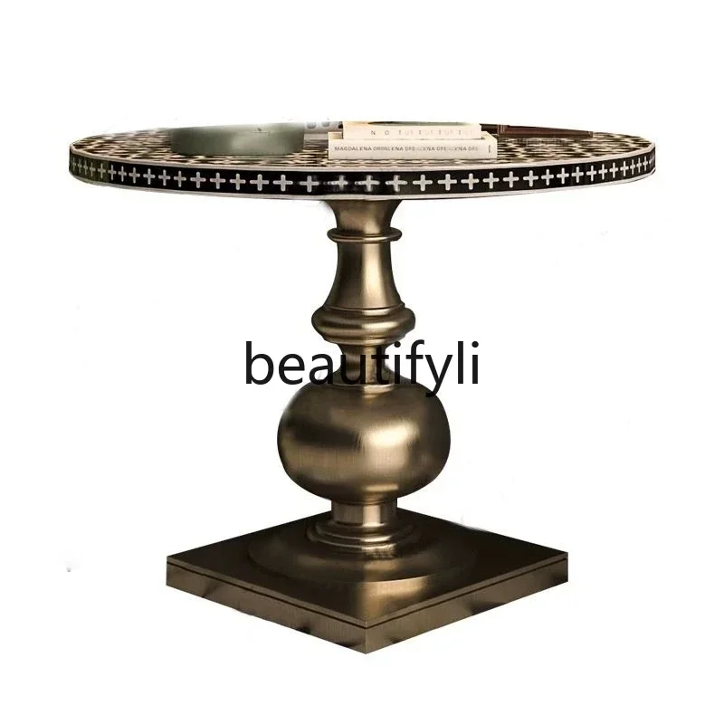 178C  retro solid wood round dining table/medieval household small apartment coffee table/French Roman column hand-painted table