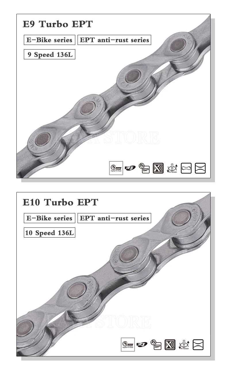KMC E-BiKE E8 E9 E10 E11 E12 Kette 8, 9, 10, 11, 12 Gänge, 136 Glieder, rostfrei, elektrisches Sportfahrrad, eBike-Ketten, Original – Detail 3