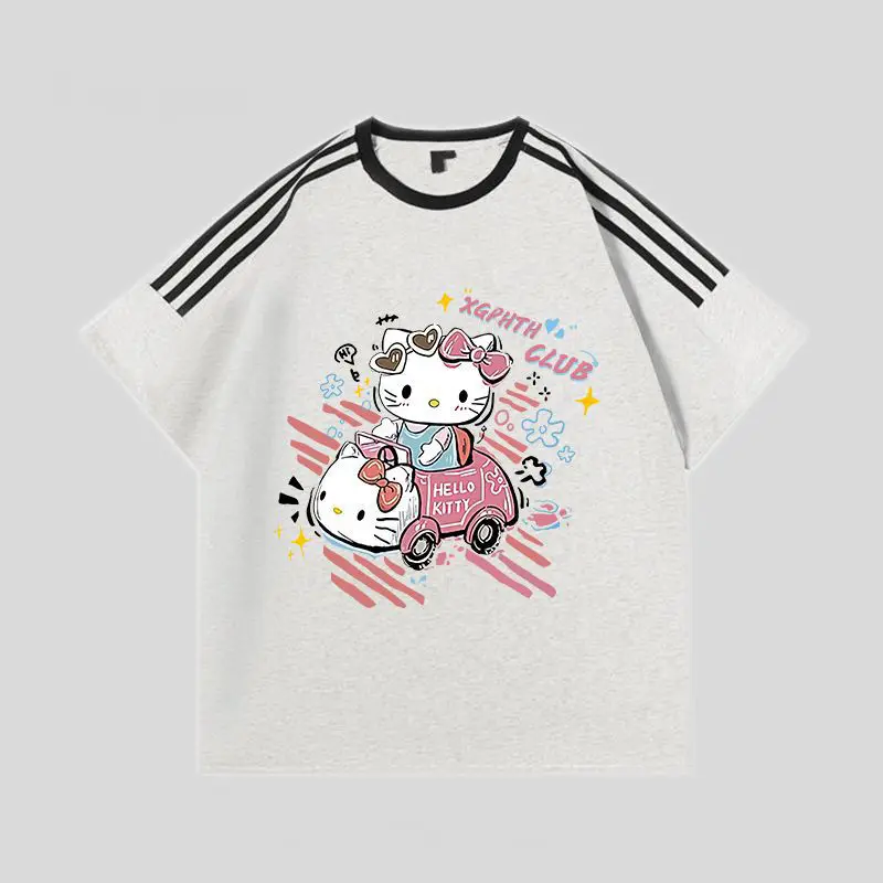 2024 Hello Kitty Sanrio T-shirt Kawaii Cartoon Print Cotton Tops O-neck Oversized Shirts Streetwear Splicing Top Women Clothing