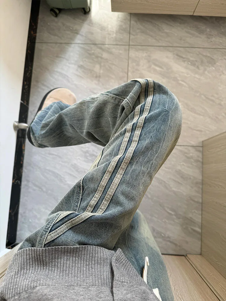 Jeans con giunture a righe americane High Street da donna Primavera Autunno Design Pantaloni larghi a gamba dritta retrò allentati alla moda