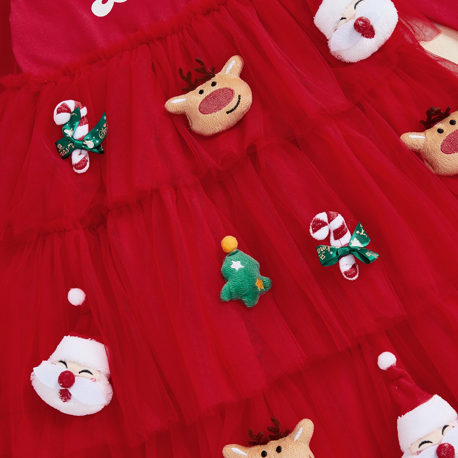 فستان كعكة عيد الميلاد للفتيات الصغيرات فستان سانتا كلوز غزال ديكور رقبة دائرية وأكمام طويلة من التول المرقعة فستان الأميرة