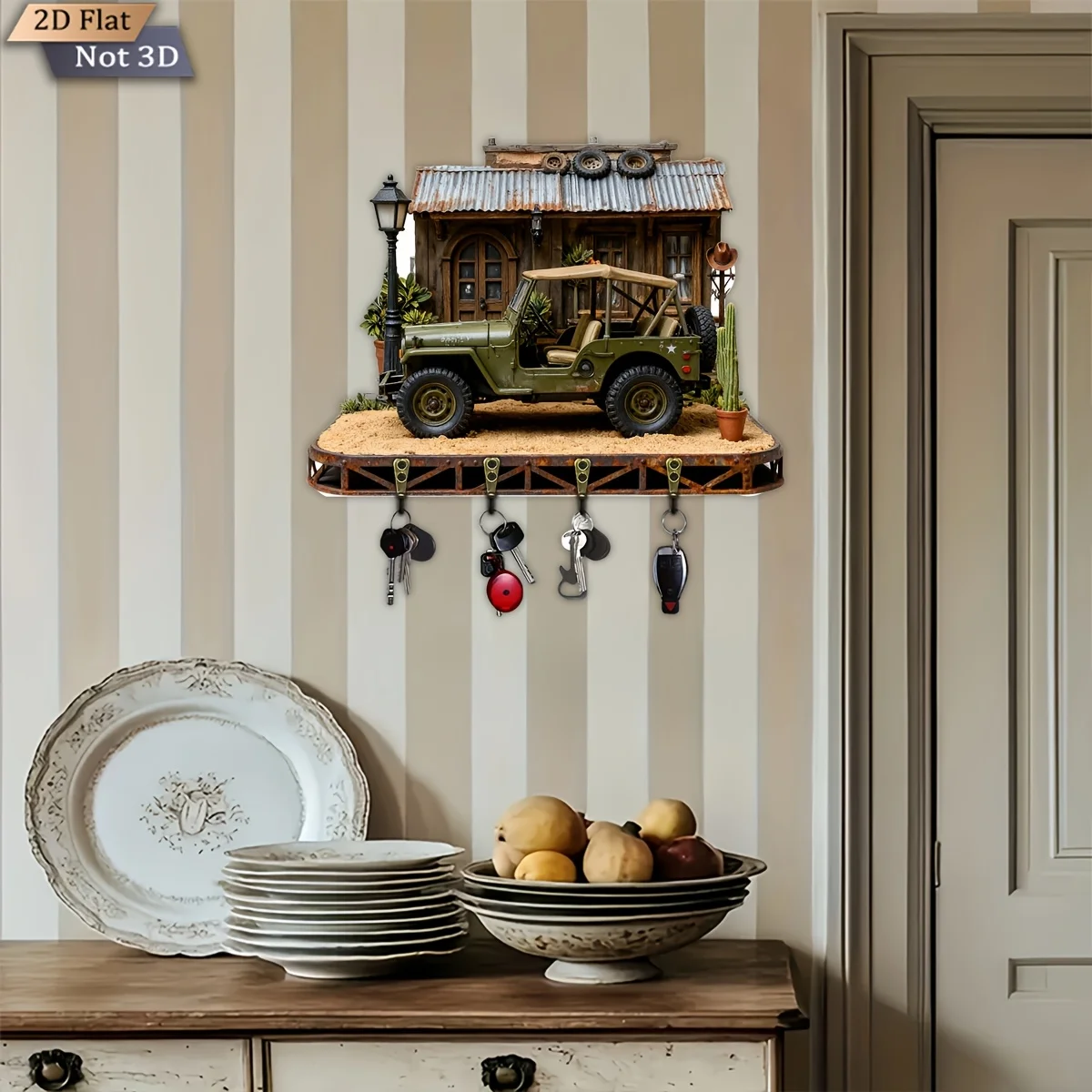 2D Flat, 1pc, Vintage Western Theme Style Key Hook, Wooden Multifunctional Home Key Rack, with Four Metal Hooks, Wall