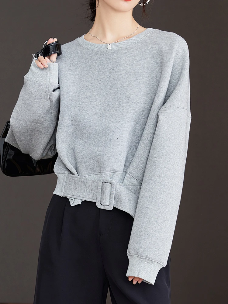 Stylish Grey Sweatshirts Autumn Winter Women Plain Long Sleeve Belt Waist Loose Casual Oversize Pullovers Korean Short Jumper