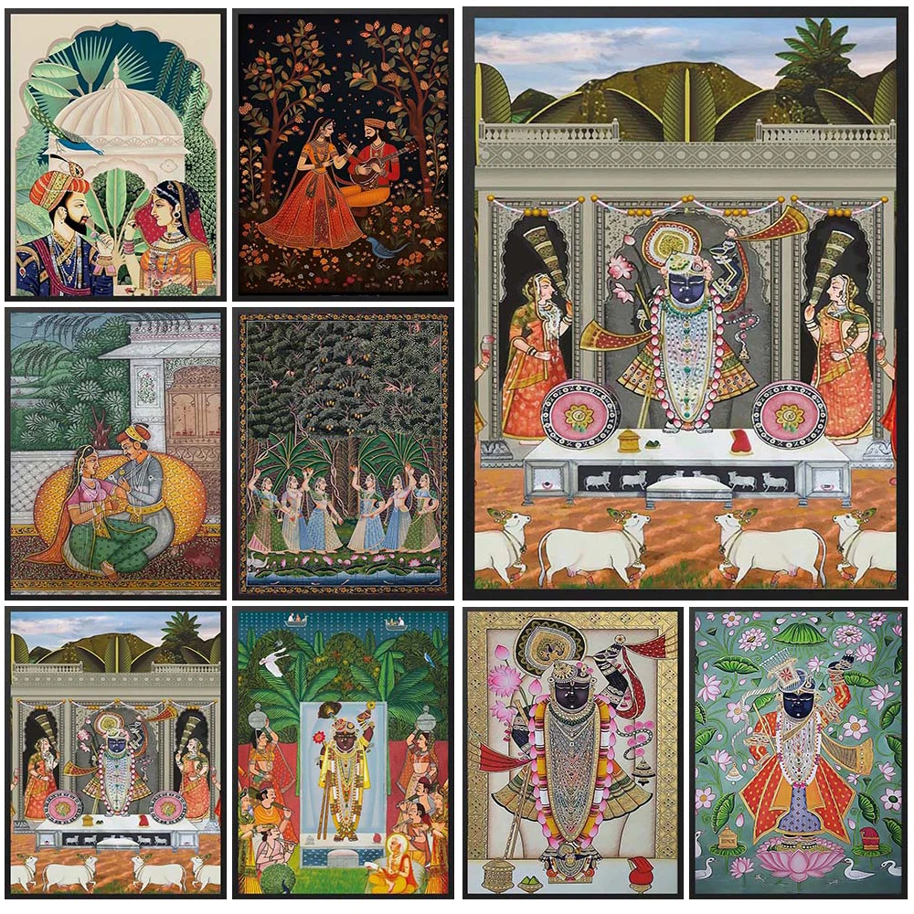 

Indian Romantic Folk Art Krishna Gopi Pichwai Vintage Palace Poster Wall Pictures For Room Wall Art Canvas Painting Unframed