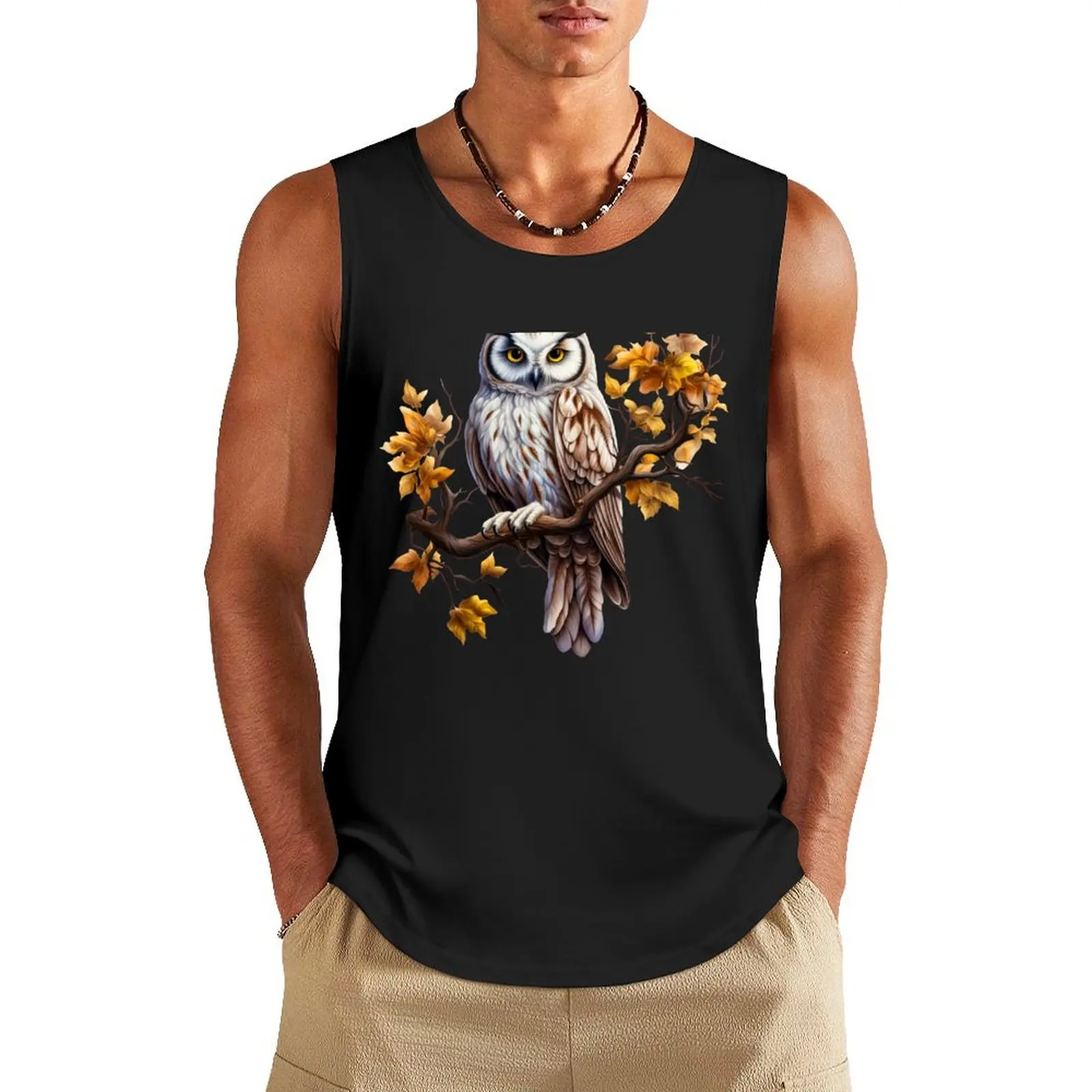 

Beautiful owl on a tree branch. Tank Top gym for men sports clothes for men