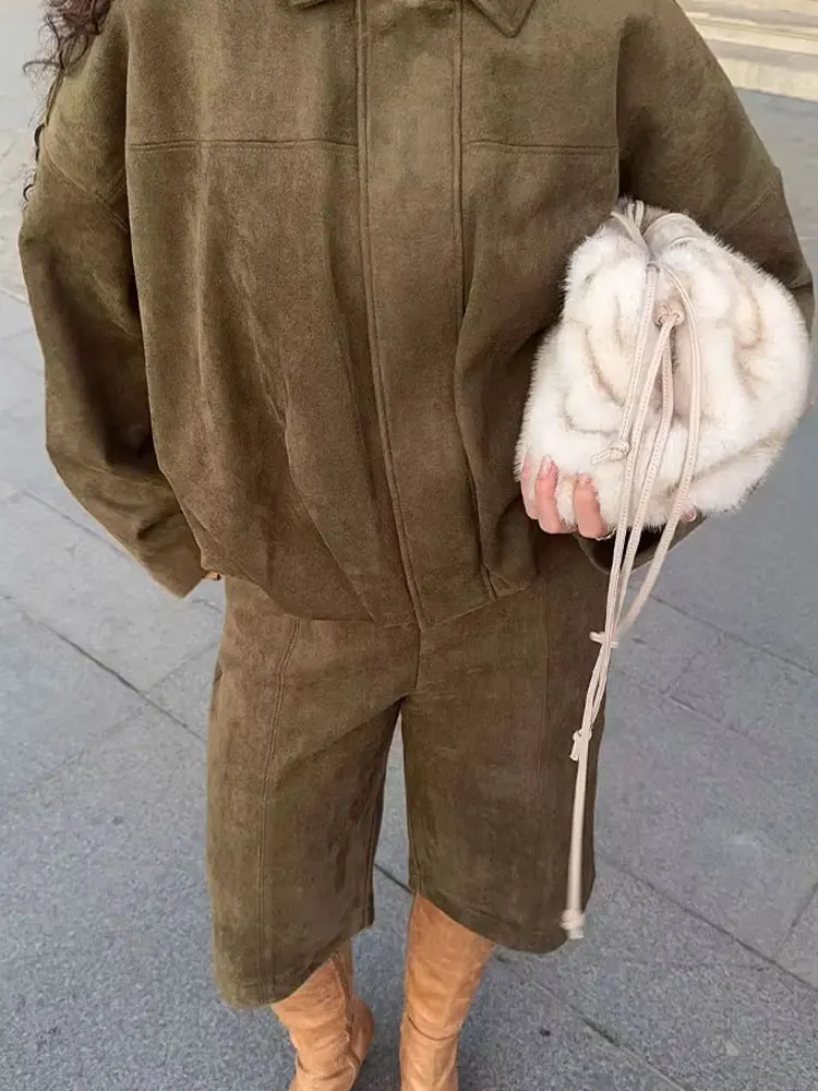 HH أنثى الشارع موضة الجلد المدبوغ الملمس السراويل مجموعات سستة الصلبة التلبيب Bomber سترة + ألف خط مع جيوب السراويل الرجعية دعوى #6