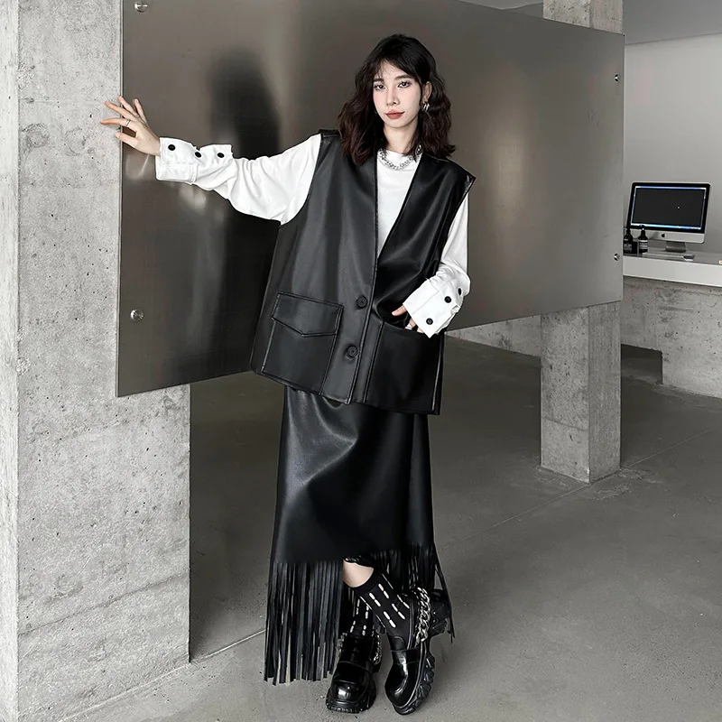 

Женский черный жилет из искусственной кожи большого размера, новый однобортный однобортный жилет без рукавов с v-образным вырезом, модный прилив, весна-осень