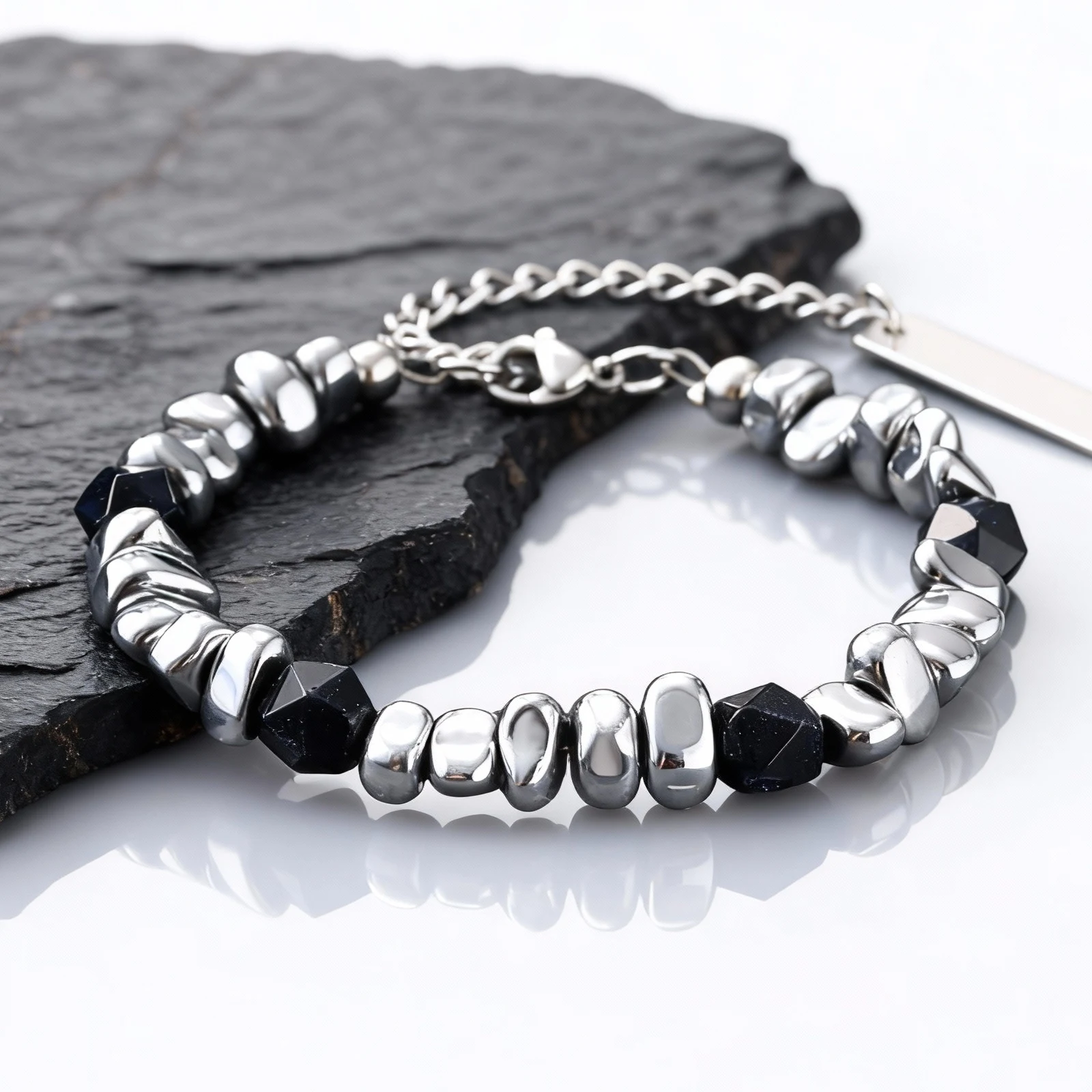 Punk Irregular Metal Beads Stones Link Bracelet Stainless Steel Adjustable Chain Hip-hop Jewelry For Men Boys Teen