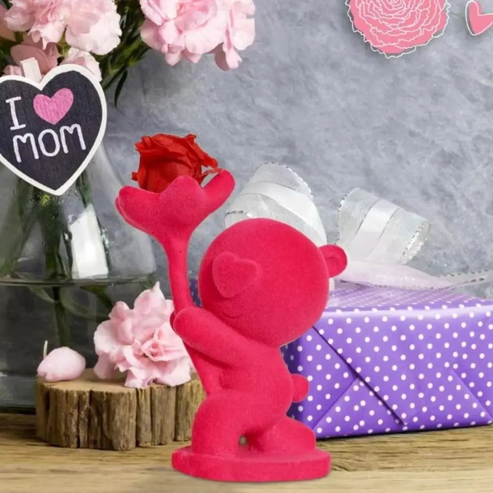 Artificial Bear Holding Flower Statue Handmade Decoration Flocking Animal Bear Figurine Handicraft Kneeling Position
