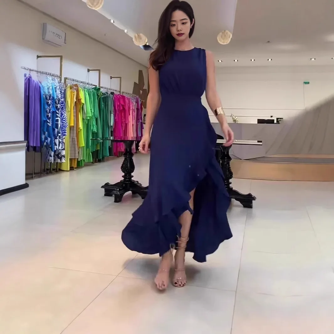 Vestido largo mujer Sexy dobladillo dividido vestidos cuello redondo sin mangas una línea 2025 Mujer verano fiesta volantes Vestido largo Maxi Vestido