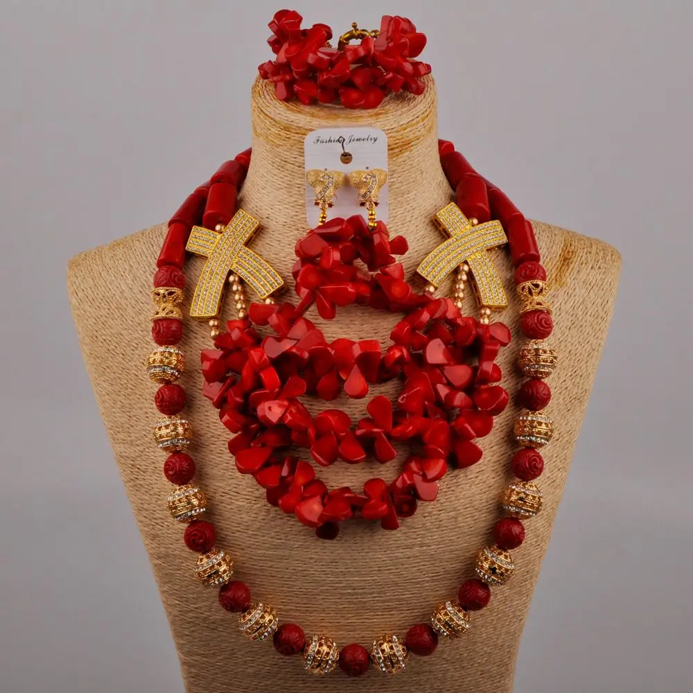 Luxury Red Natural Coral Necklace Nigerian Women Wedding Jewelry African Bride Wedding Banquet Jewelry Set AU-727