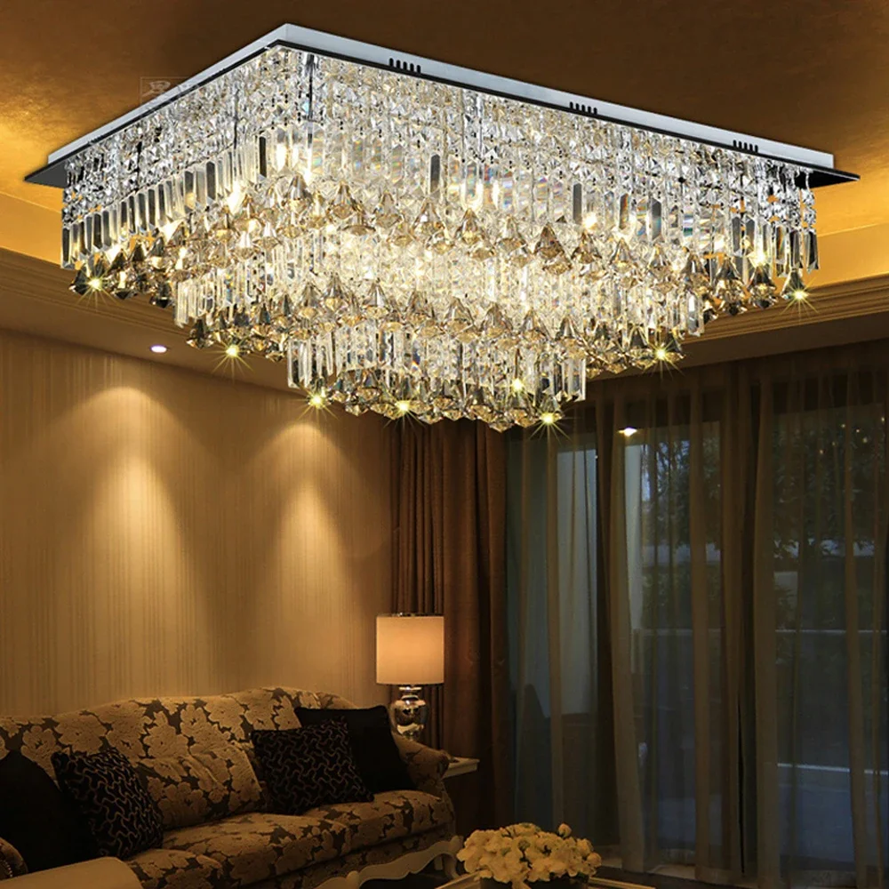 Luxury Square Crystal Ceiling Light, Large LED Flush Mount Chandelier, High-end Living Room Hotel Decorative Lighting Fixture