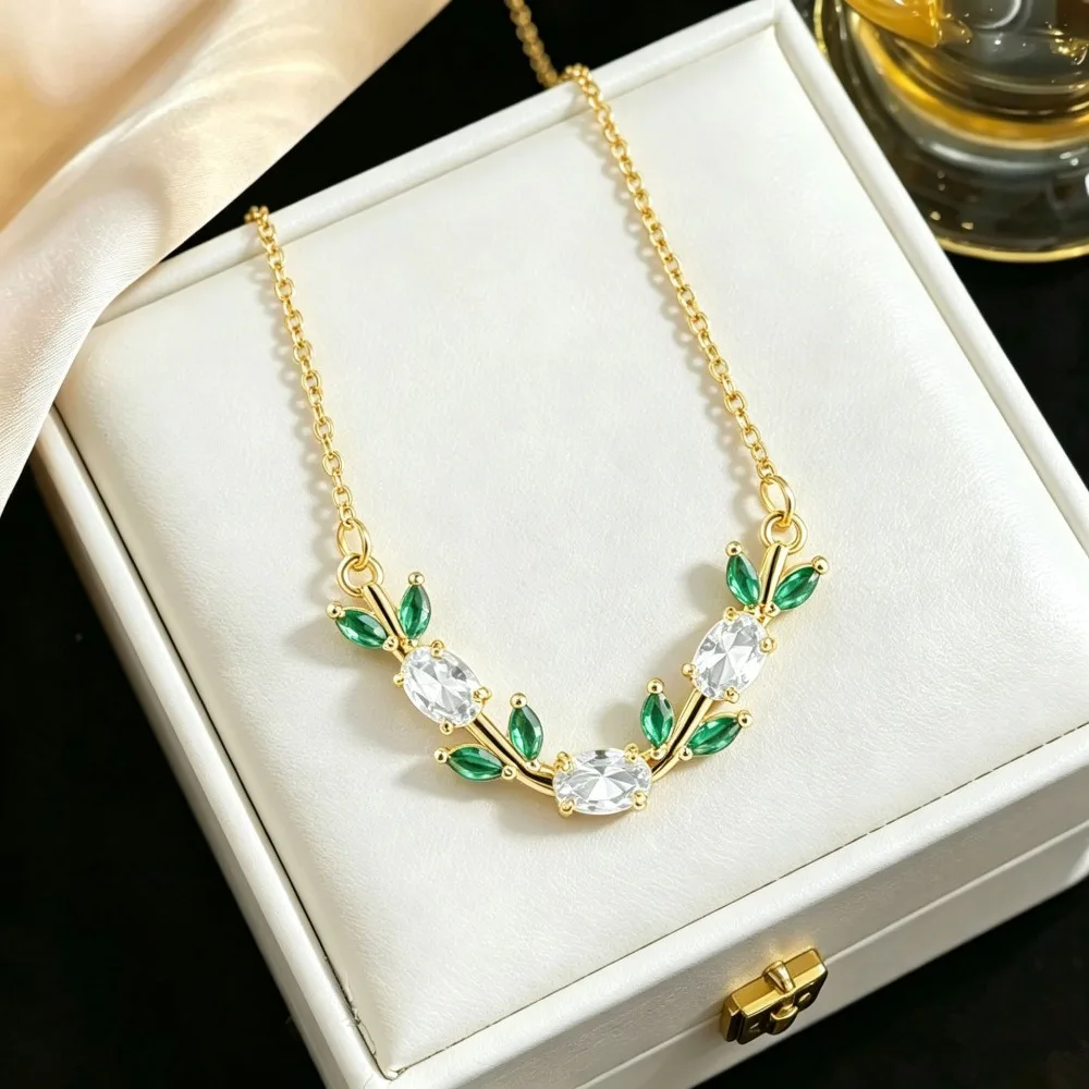 Premium Luxury Gold Color Stainless Steel Leaf Branch Multicolor Zircon Pendant Necklace for Women Bride Banquet Gifts Jewelry
