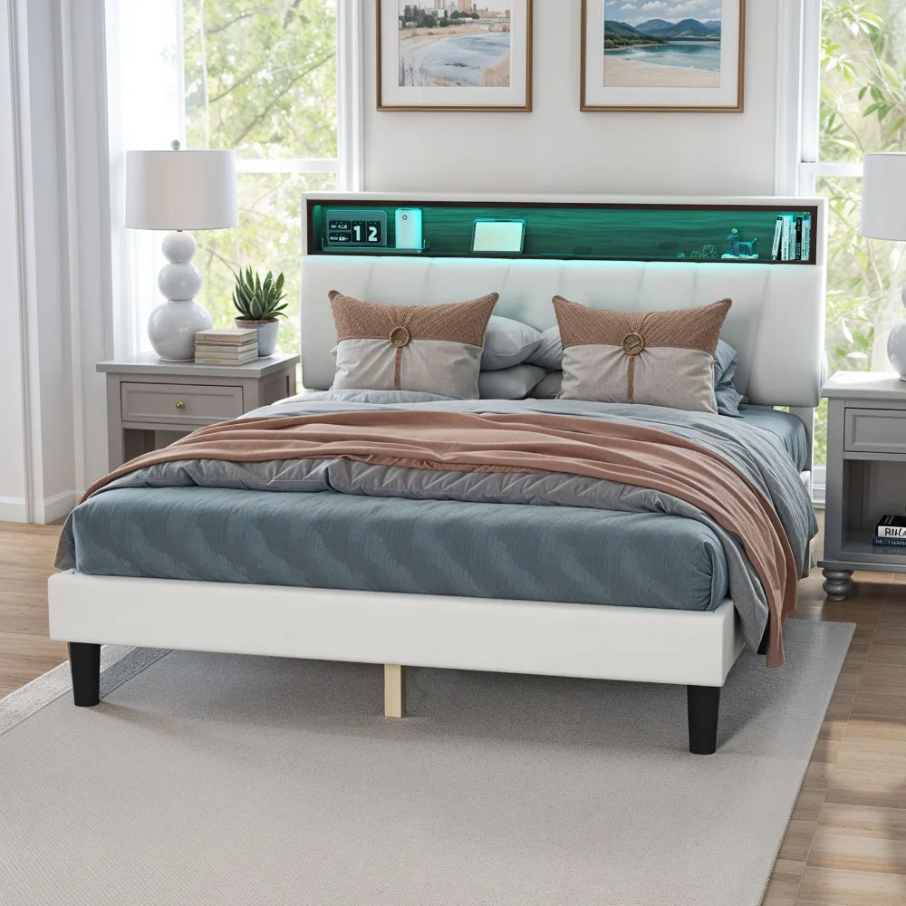 

Queen Size Platform Bed Frame with Velvet Headboard Hidden Storage