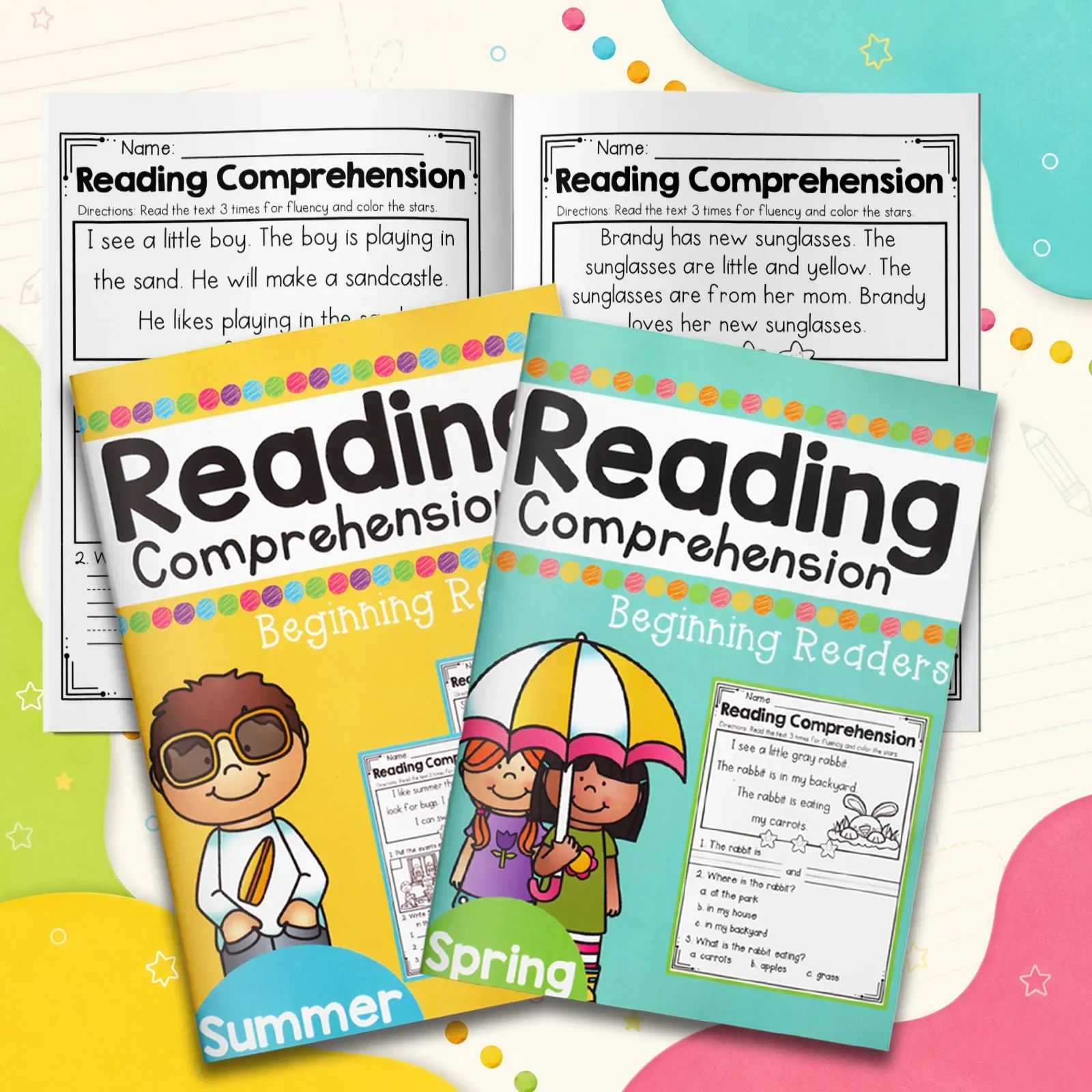 2-Book Spring and Summer Reading Comprehension Workbook Set for Kids, Short Passages, Picture Matching, Sequencing