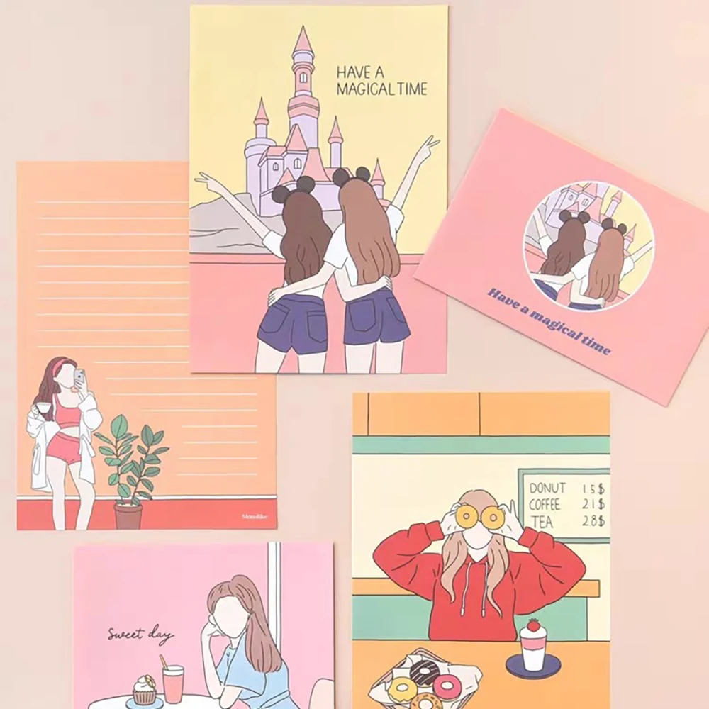 Cute Envelope Set (Envelope * 4+Letter Paper* 8), Cartoon Girl illustration, Best Friend Blessing Festival Gift