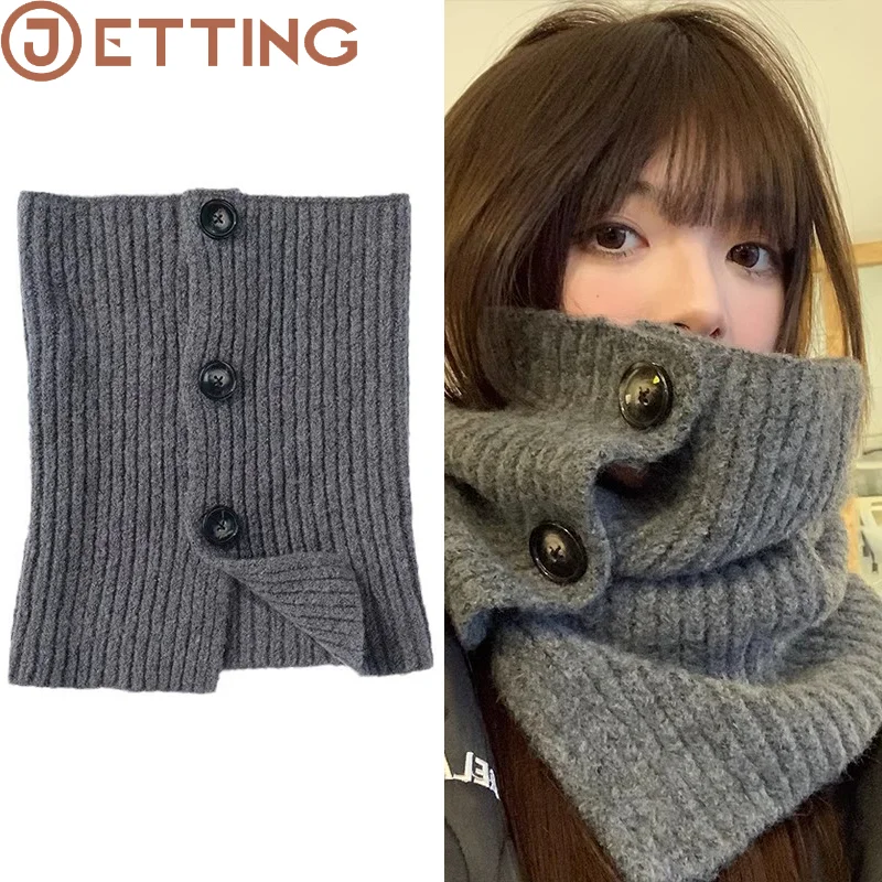 1pcs Retro Warm Knitted Wool Button Scarf Women's Fashion Versatile Split Neck Cover Cold-proof Neck Protector Shawl