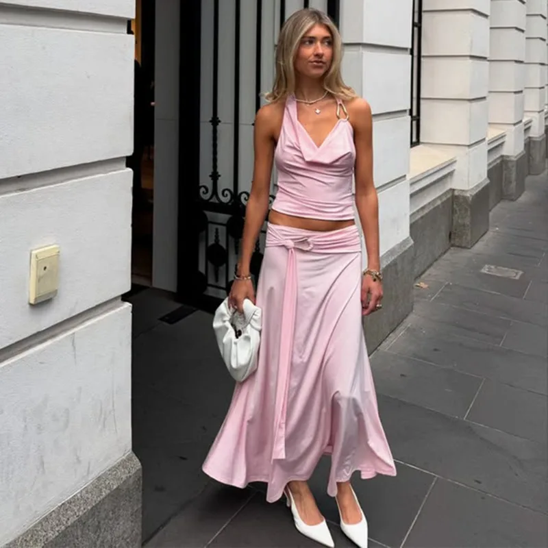 

Tuularos Pink Camisole Dress Set Summer Sexy Sleeveless Top Loose Bandage Long Skirt Set Fashion Elegant Women Long Dress Set
