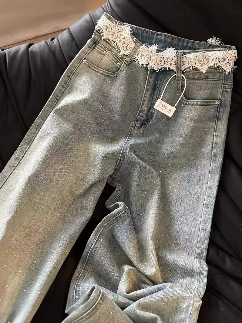 

Женские летние джинсы с высокой талией, пэчворком и стразами, широкие, прямого кроя, повседневные, для полных женщин, длинные брюки, новинка, простой дизайн