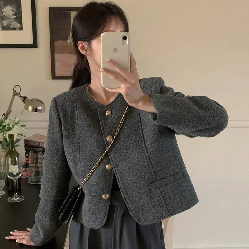 South korea Chic Autumn Temperament Graceful round Neck Metal Button Loose All-Match Long sleeve Tweed Outerwear Women