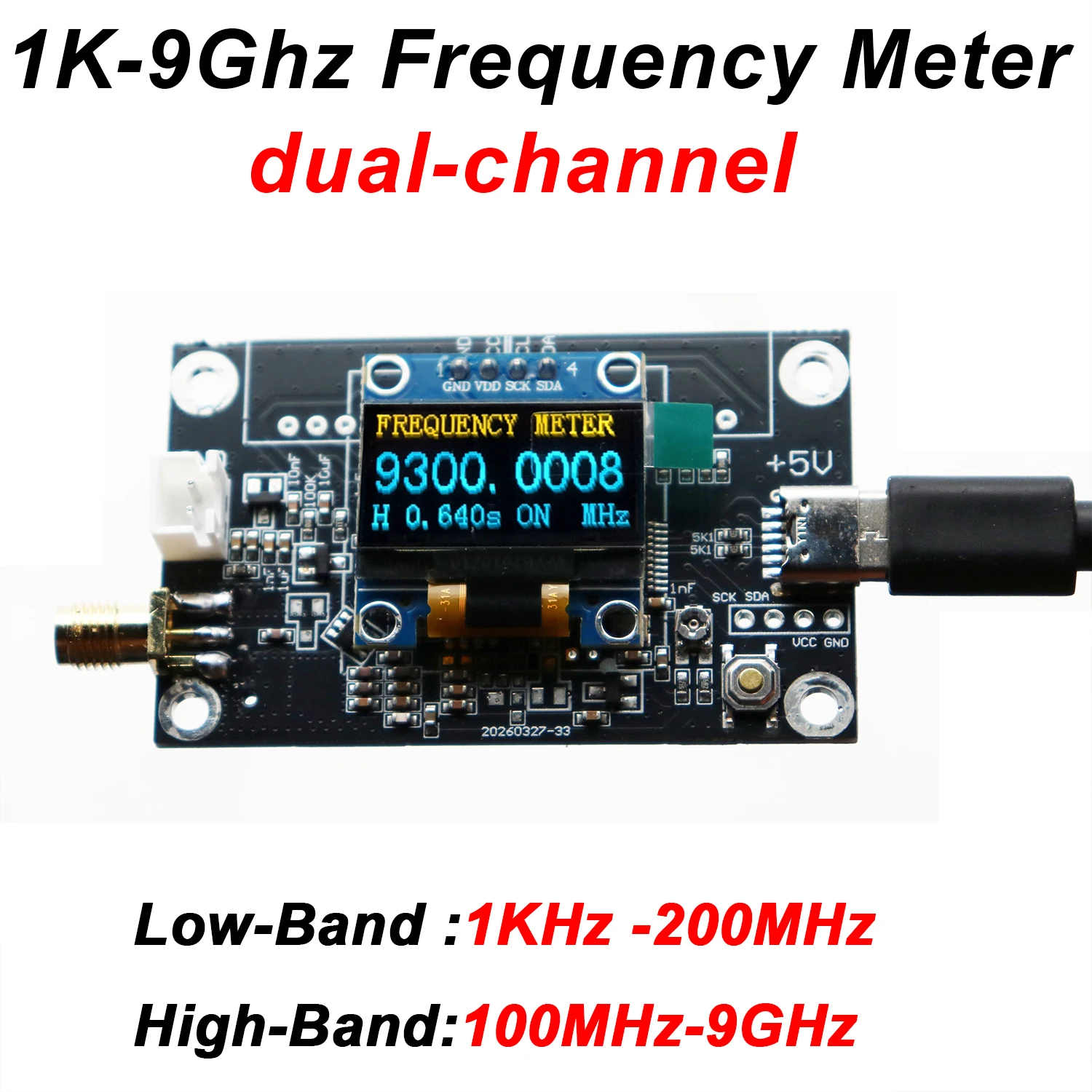2CH 1KHz-9GHz RF Frequency Counter Low/High Frequency Measurement 2.4Ghz 5G 5.8Ghz Signal Digital Frequency Meter for Ham Radio