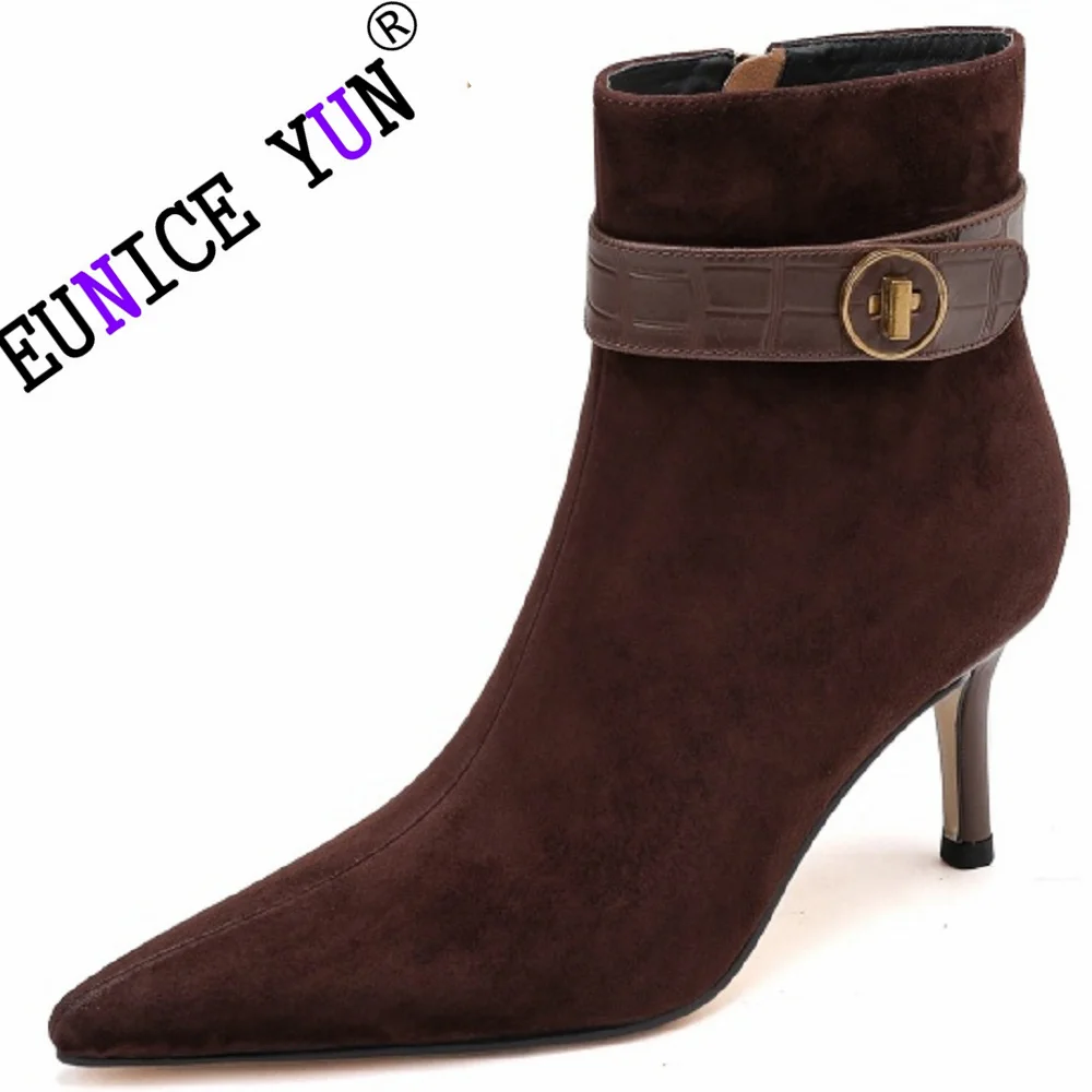 

【EUNICE YUN】Women Handmade Brand Genuine Leather Belt Metal Buckle Elegant Short Ankle Boots Thin Heel Point Toe Shoes 33-40