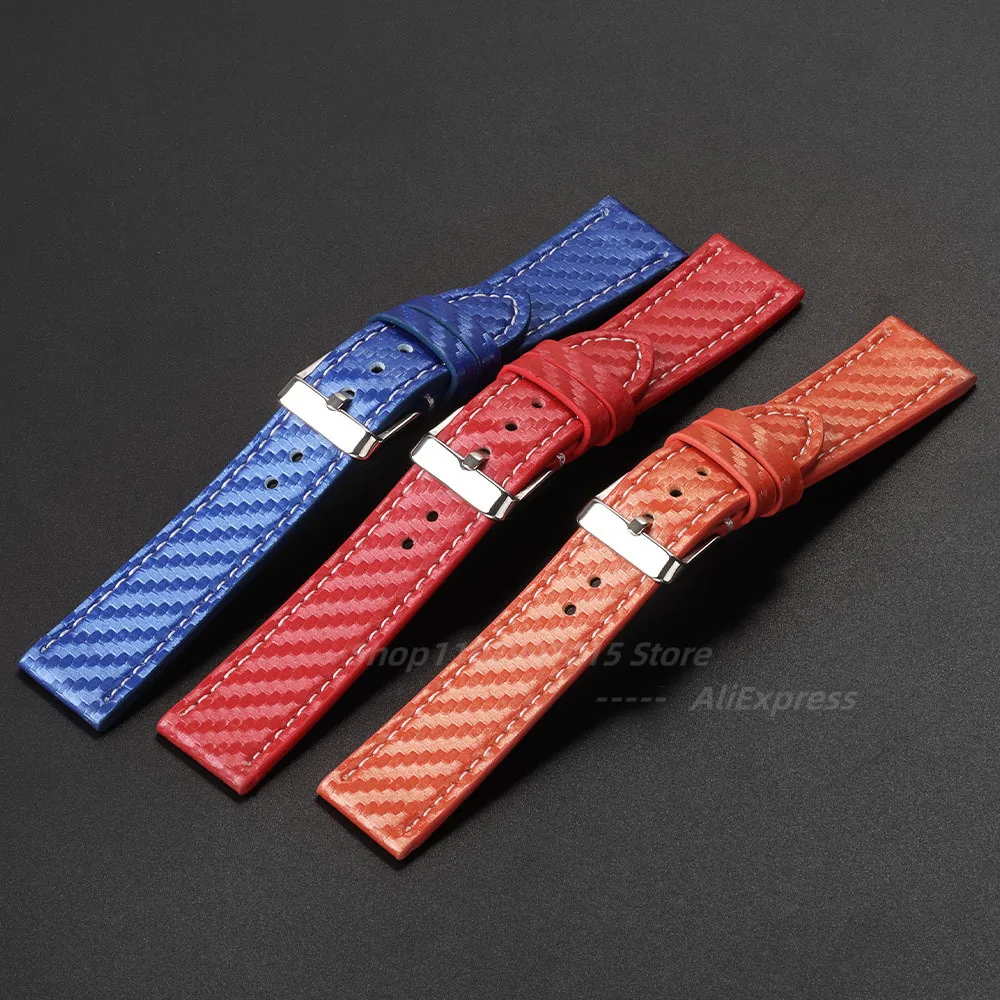 Carbon Fiber Genuine Leather Watch Band 18mm 20mm 22mm 24mm Carbonfiber Grain Bracelet Watch Strap for Samsung for Huawei