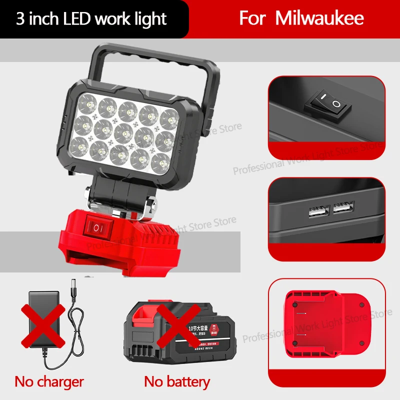 

For Milwaukee LED Work Light 18V Li-ion Battery 3 inch Portable Lamp Outdoor Flashlight Camping Spotlight 15 Beads With USB