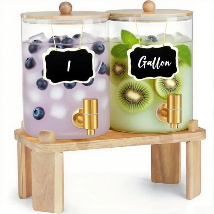 

2 Pack Drink Dispenser with Wood Stand, Glass Beverage Dispenser with Spigot and Labels, Glass Water Dispenser for Parties, Lem