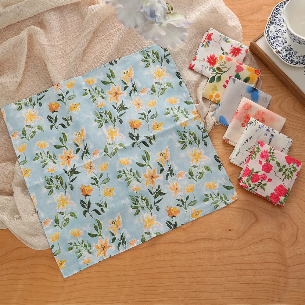 34cm Vintage Pure Cotton Women Handkerchief Small Pastoral Floral Print Soft Thin Comfortable Pocket Hand Towel Daily Use