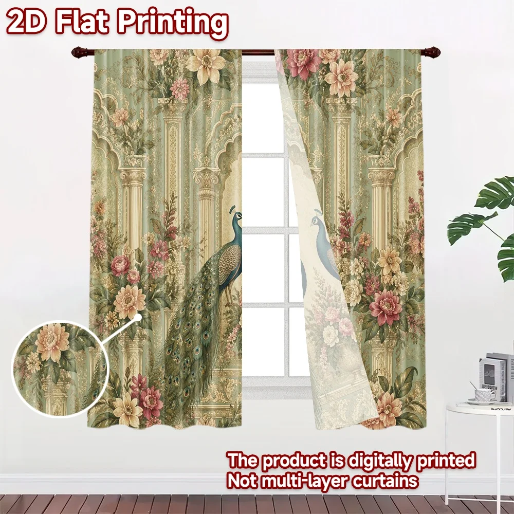 2D flat 2pcs Curtain Vintage drapes Curtains Floral Peacock Arch Digitally printed polyester Party Decorations Use for Holiday