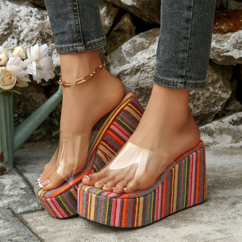 Women's Transparent PVC Peep Toe Slide Sandals 2026 Summer 10cm Wedge High Heels Slippers for Women Platform Casual Sandales view 4