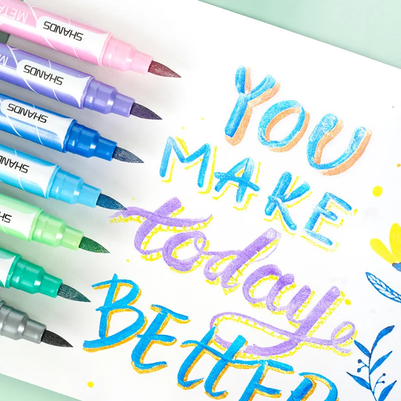 High-value Soft-headed Beauty Pen Double-headed Metallic Color Highlighter Handmade DIY Card Pen Brush English Flower Pen