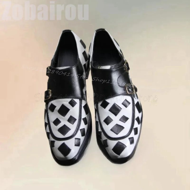 Checkerboard Design Buckle Decor Double Monk Loafers Fashion Slip On Men Shoes Luxurious Handmade Party Banquet Men Dress Shoes