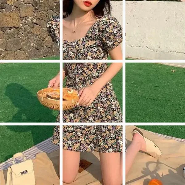 French High Waist Floral Print Mini Dress Bubble Sleeve Square Collar Women's Fashion Summer Slimming Short Skirt Dress