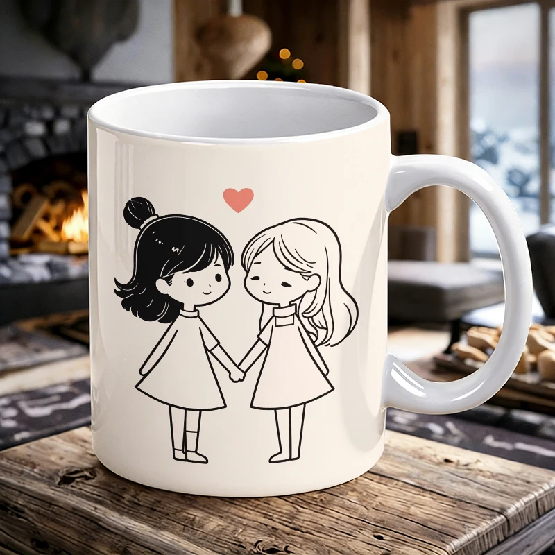 

1pcs Simple Best Friends Holding Hands Illustration Ceramic Cup with Handle, Creative Coffee Cup, Milk Cup, Office Tea Cup