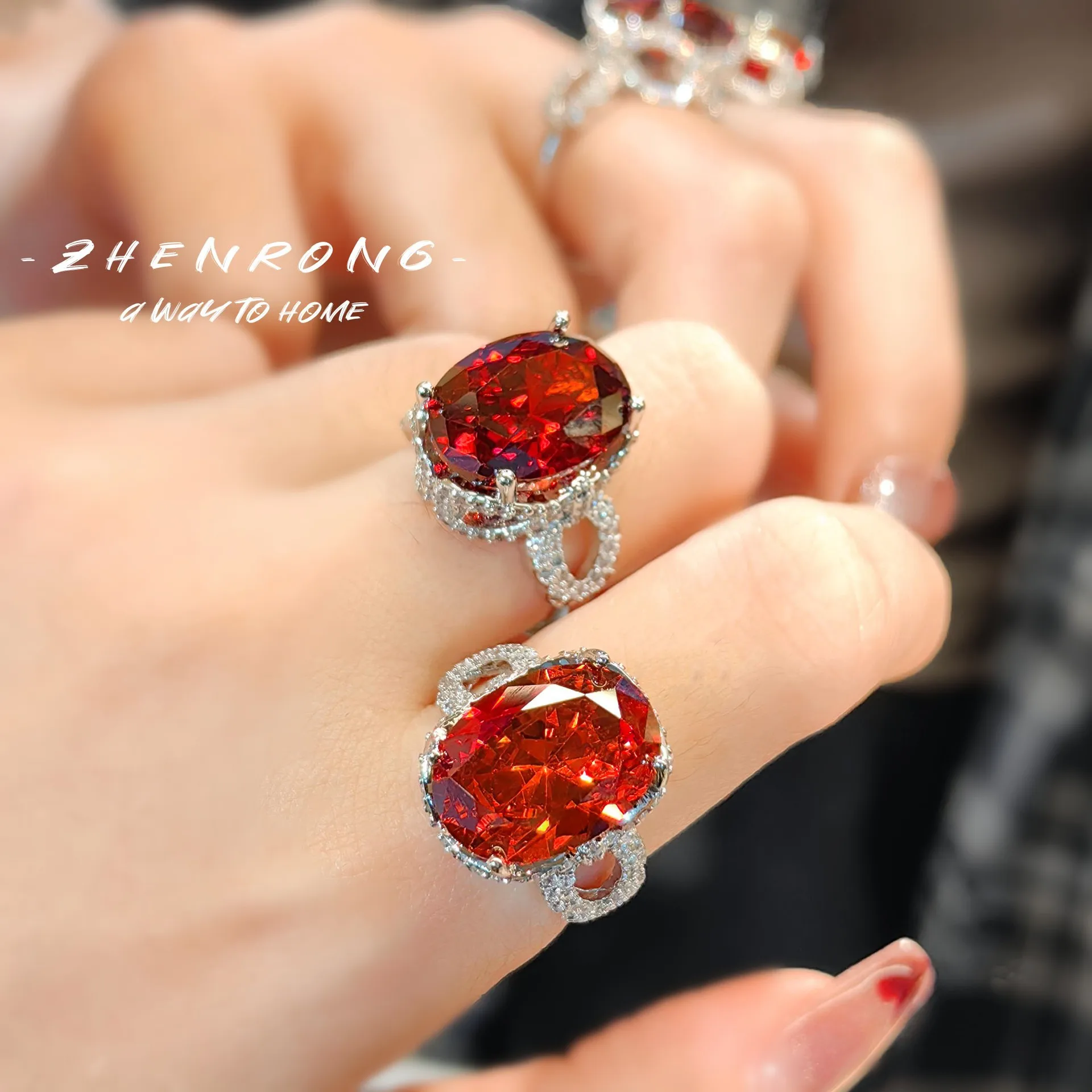 2024 New Fashion Silver Color Garnet Red/Fanta Orange Gemstone Rings Elegant Queen\'s Ring For Women Party Engagement Jewelry