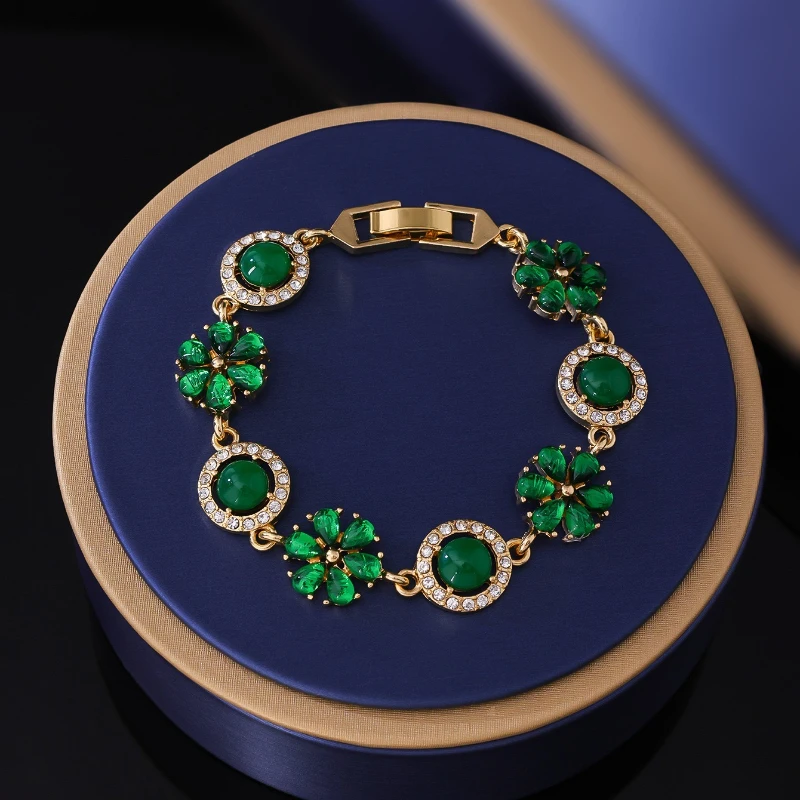 

Vintage Green Flower Bracelet for Women Enamel Inlaid Zircon Resin Party Jewelry Gift