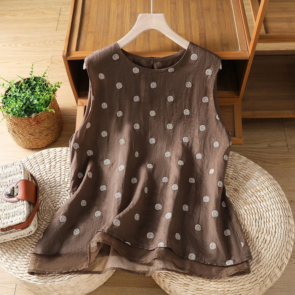 Elegant Embroidered Sleeveless Vest Loose Fit round Dot Pattern Skin-friendly Breathable Overhead Cotton Blend Summer Top