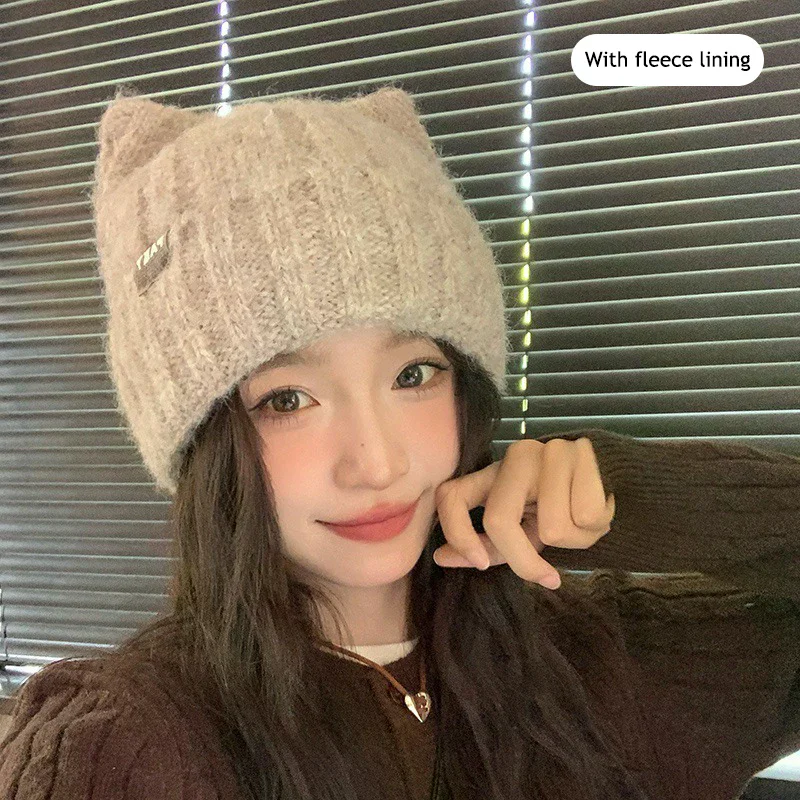 Solid Color Thicker Ear Protection Soft Street Beanie Hat Woman Bonnet Warmth Hat Winter Cute Cat Ear Earflap Knitted Hat