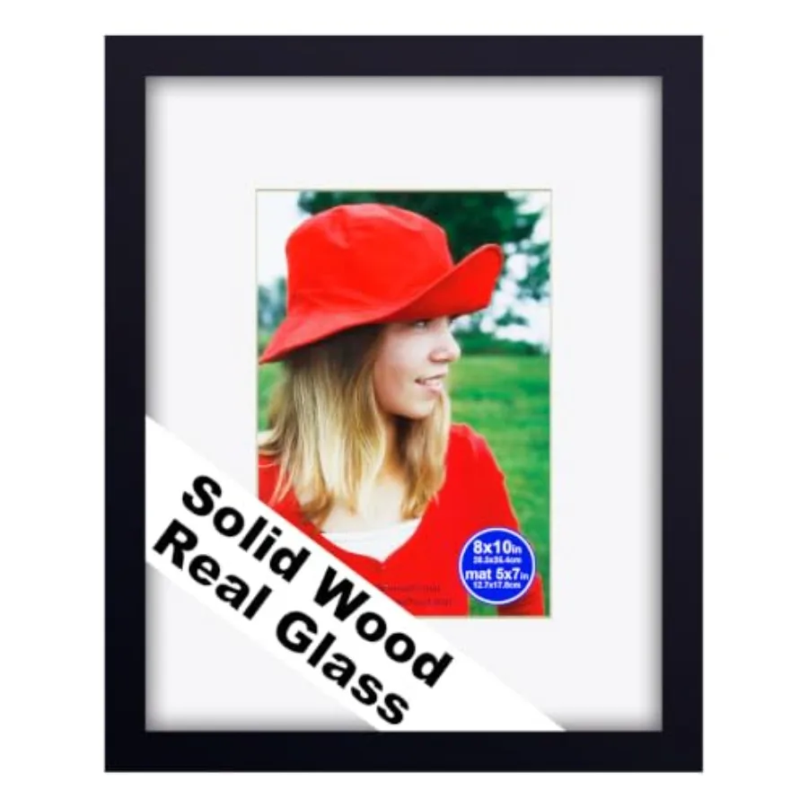 Picture Frame Solid Wood, Fits with Mat or Without Mat, Real Glass Photo Frame with Easel Back, Wall Mount or Tabletop Display,