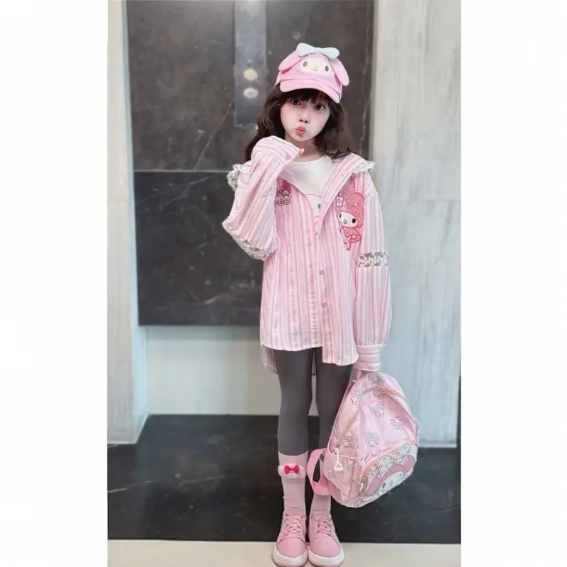 Sanrio Anime 주변 캐릭터 Kuromi Girls Jacket 2025 봄 신작 아동 셔츠 탑 소녀 베이비 멜로디 여름 셔츠 선물