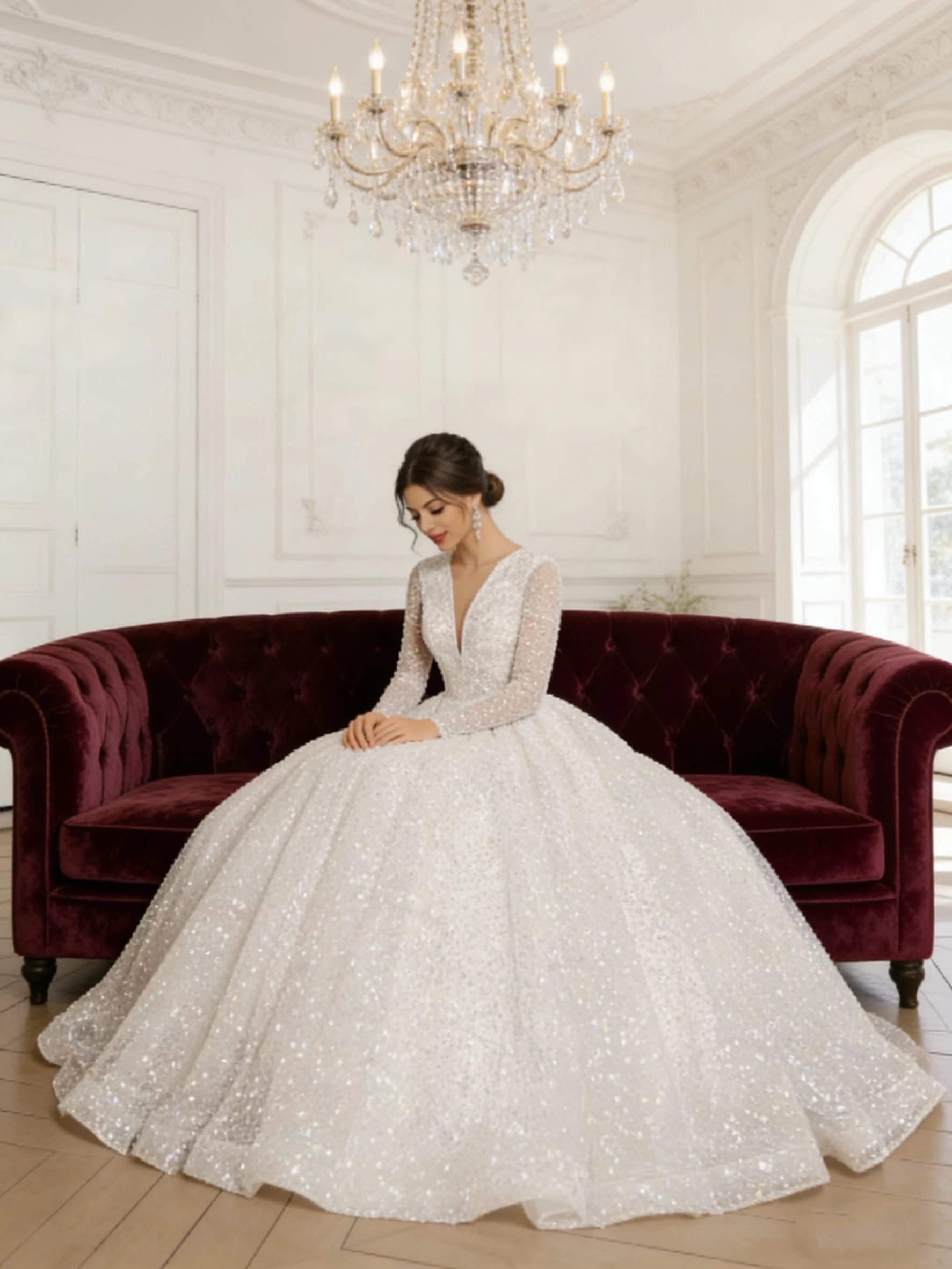 Flavinke Customized Wedding Dresses Princess V Neck Tulle Beach Bride Gown Long Sleeves Sequined Vestido De Novia Women Skirt