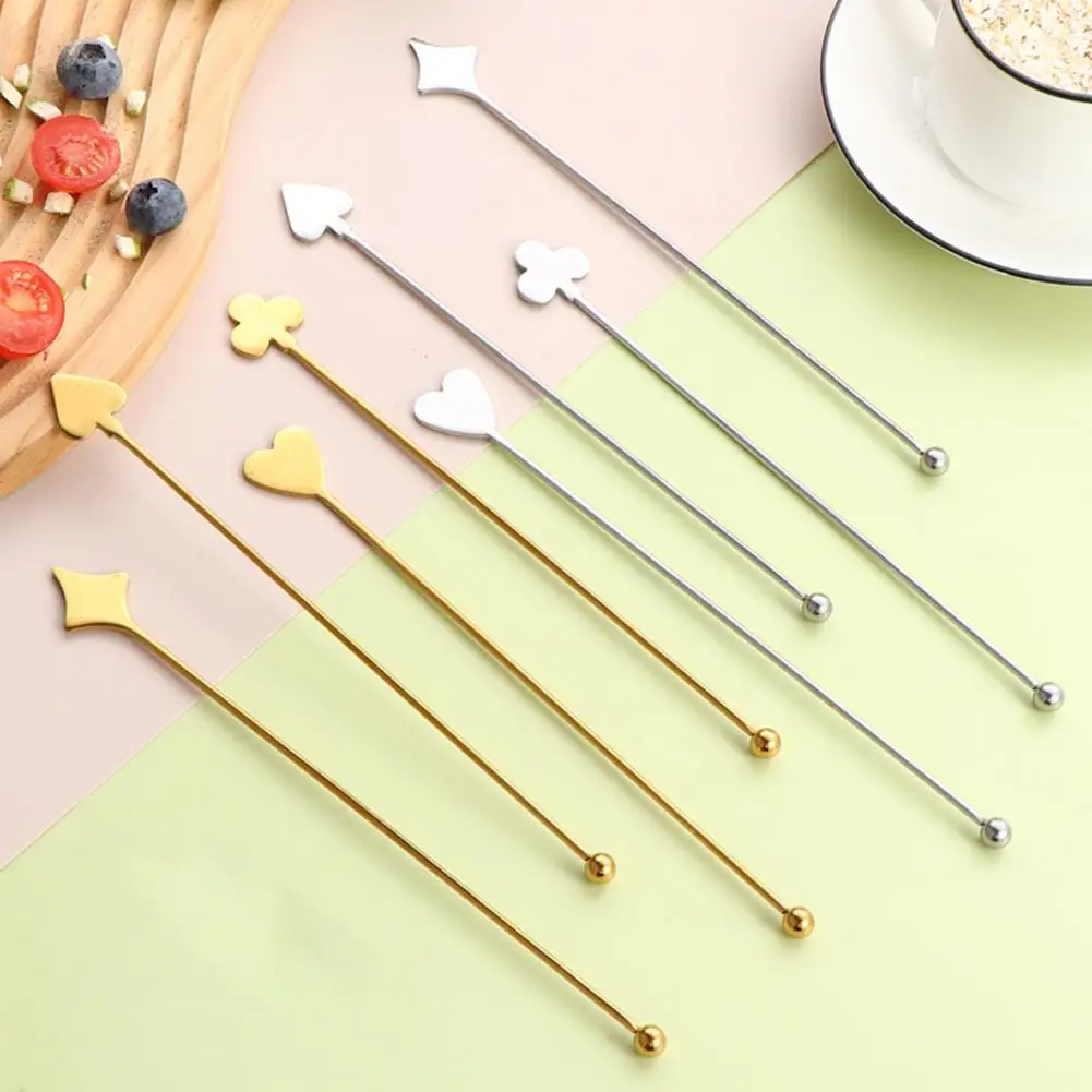 Long Rod Stirrer Stainless Steel Cocktail Stirring Sticks Set Cute Fruit Swizzle Stirrers with Spade Heart Club Shapes Whiskey